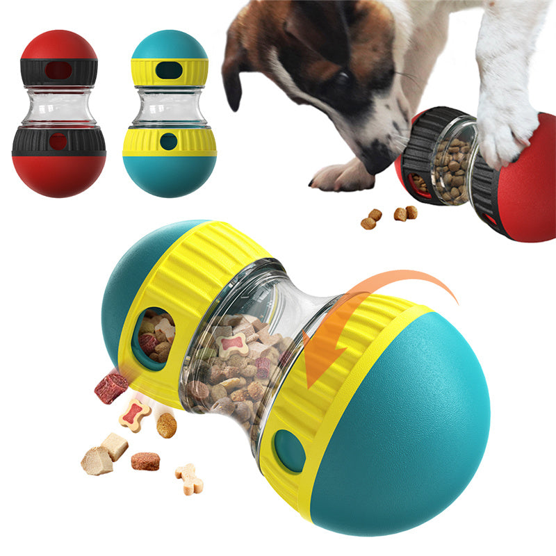 Dog pawing the tumbler as kibble drops out